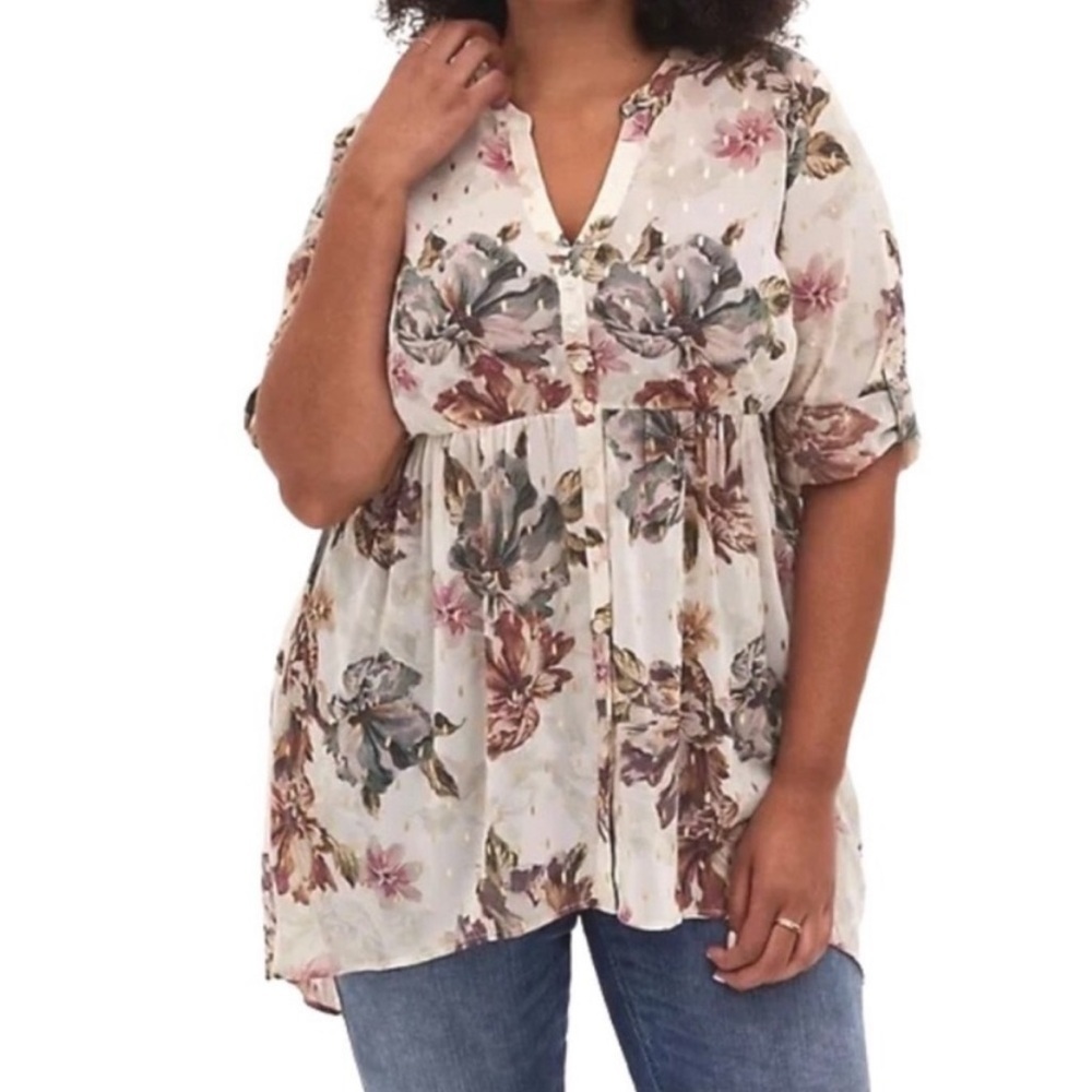 Torrid Floral Chiffon Babydoll High-Low Blouse Tunic 3X Cream/Red/Green